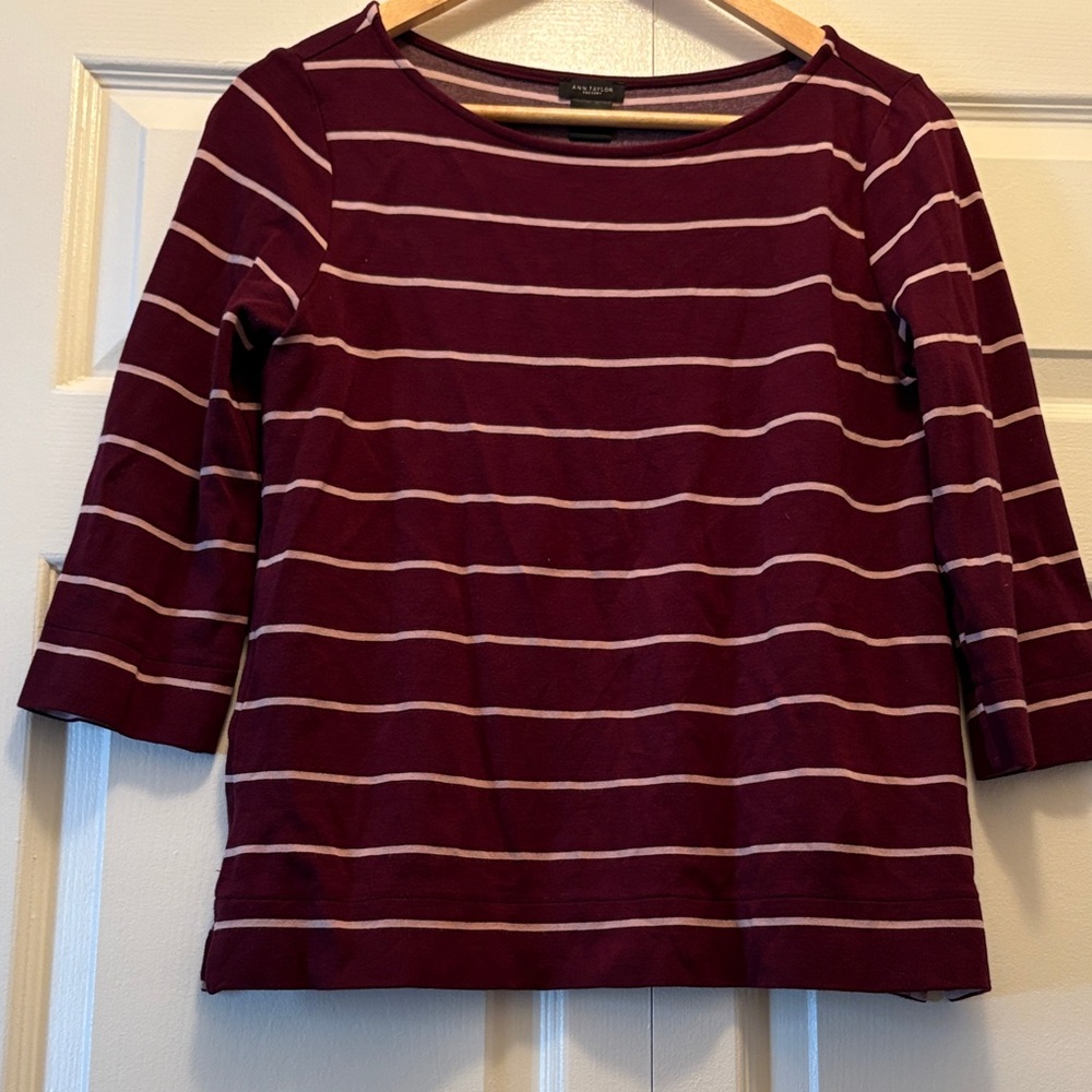 Ann Taylor Factory Burgundy and White Striped Long Sleeve Top